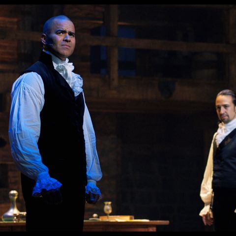 Christopher Jackson is George Washington and Lin-Manuel Miranda is Alexander Hamilton in HAMILTON, the filmed version of the original Broadway production.