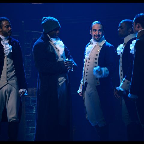 Daveed Diggs is the Marquis de Lafayette, Okieriete Onaodowan is Hercules Mulligan, Lin-Manuel Miranda is Alexander Hamilton, Leslie Odom, Jr. is Aaron Burr and Anthony Ramos is John Laurens in HAMILTON, the filmed version of the Broadway production.